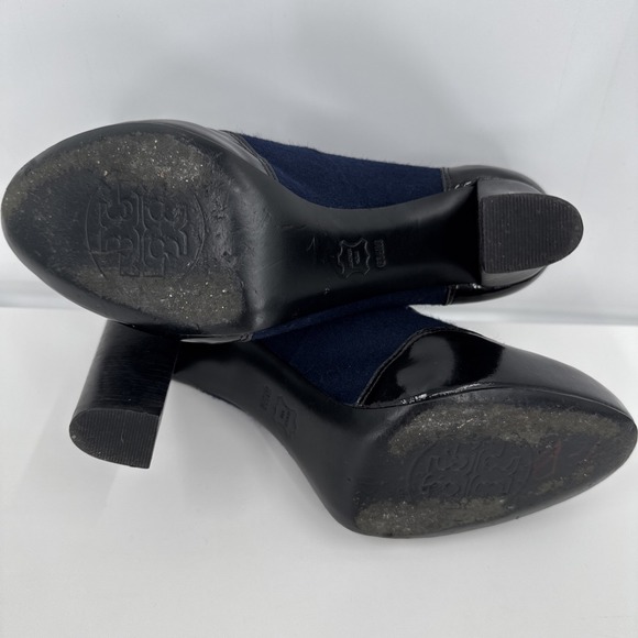 Tory Burch Black Navy Leather Block Heel Ankle Women Bootie Size 6.5 Wingtip - Picture 11 of 13